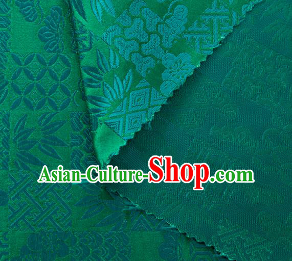 Japanese Traditional Bamboo Leaf Coppor Pattern Design Green Brocade Fabric Silk Material Traditional Asian Japan Kimono Dress Satin Tapestry
