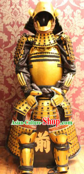 Japanese Traditional General Golden Body Armor Outfits Ancient Film Warrior Shogun Armour Costumes and Helmet for Men