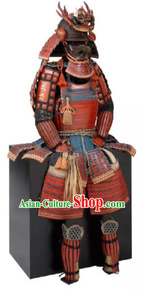 Japanese Traditional General Rust Red Body Armor Outfits Ancient Film Warrior Shogun Armour Costumes and Helmet and Boots Complete Set for Men