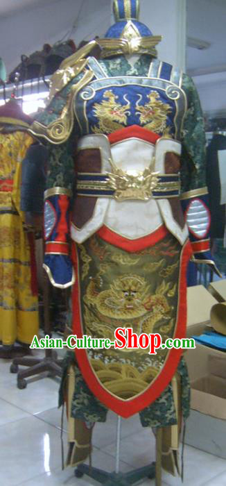 Traditional Chinese Three Kingdoms Period General Guan Yu Body Armor Outfits Ancient Film Military Officer Armour Costumes and Headwear Full Set