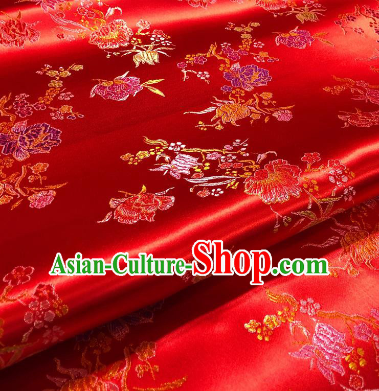 Asian Chinese Traditional Pomegranate Flowers Pattern Design Red Brocade Silk Fabric Tang Suit Tapestry Satin Material