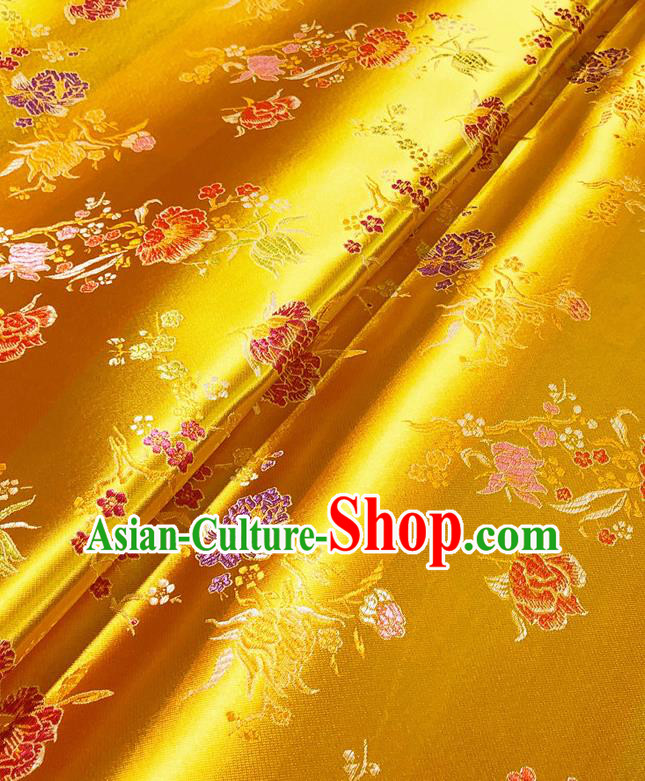 Asian Chinese Traditional Pomegranate Flowers Pattern Design Golden Brocade Silk Fabric Tang Suit Tapestry Satin Material