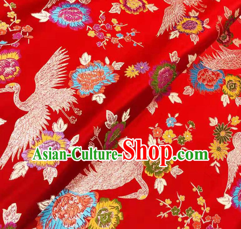 Asian Chinese Traditional Cranes Pattern Design Purplish Red Brocade Silk Fabric Tang Suit Tapestry Wedding Dress Satin Material