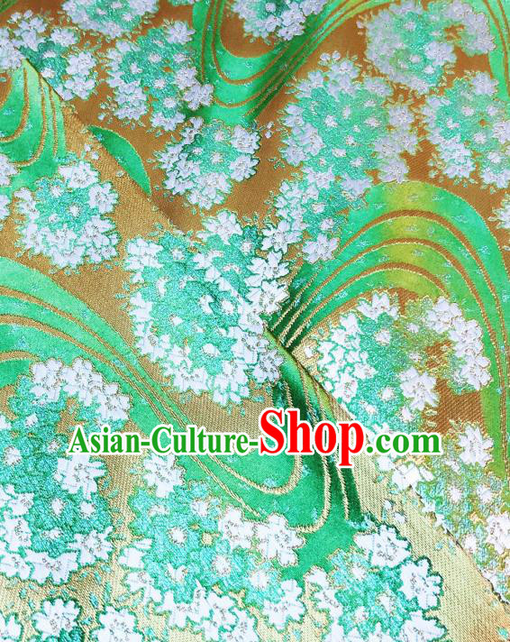 Japanese Traditional Sakura Pattern Design Green Nishijin Brocade Fabric Silk Material Traditional Asian Yamato Kimono Satin Tapestry