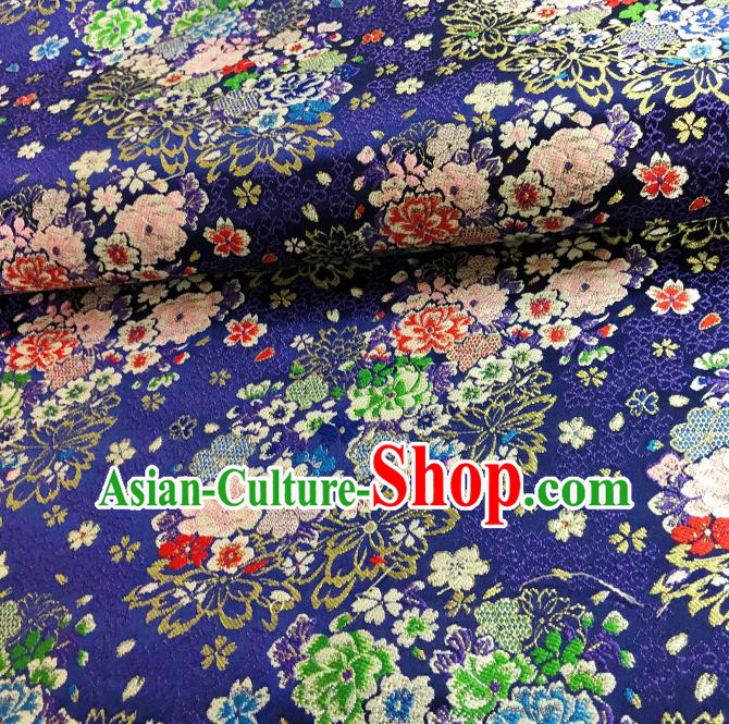 Japanese Traditional Sakura Peony Pattern Design Deep Blue Nishijin Brocade Fabric Silk Material Traditional Asian Japan Kimono Satin Tapestry