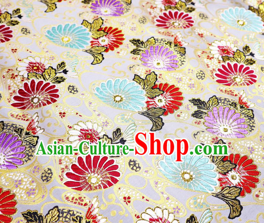 Japanese Traditional Daisy Pattern Design Beige Nishijin Brocade Fabric Silk Material Traditional Asian Japan Kimono Satin Tapestry