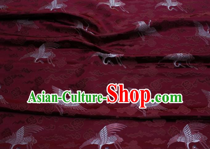 Chinese Classical Cloud Crane Pattern Design Purplish Red Brocade Silk Fabric DIY Satin Damask Asian Traditional Qipao Dress Tapestry Material