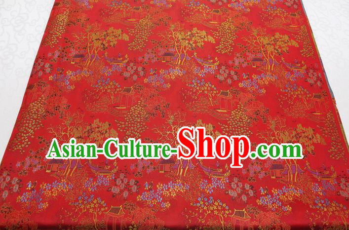 Chinese Classical Scenery Pattern Design Red Brocade Silk Fabric DIY Satin Damask Asian Traditional Tang Suit Tapestry Material