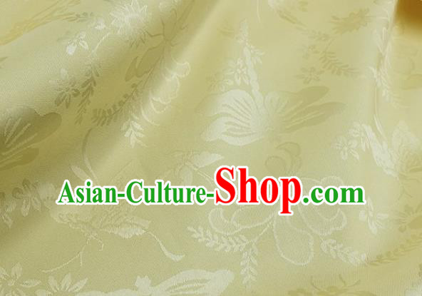 Chinese Hanfu Dress Traditional Butterfly Dragonfly Pattern Design Light Yellow Satin Fabric Silk Material Traditional Asian Cloth Tapestry