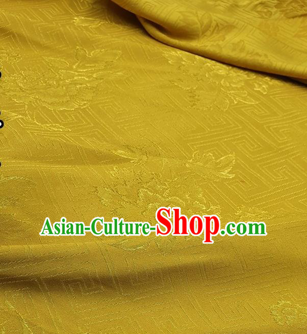 Chinese Traditional Peony Pattern Design Yellow Satin Fabric Traditional Asian Hanfu Dress Cloth Tapestry Silk Material