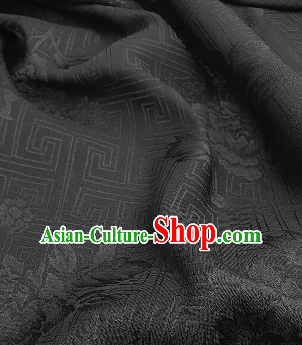 Chinese Traditional Peony Pattern Design Black Satin Fabric Traditional Asian Hanfu Dress Cloth Tapestry Silk Material
