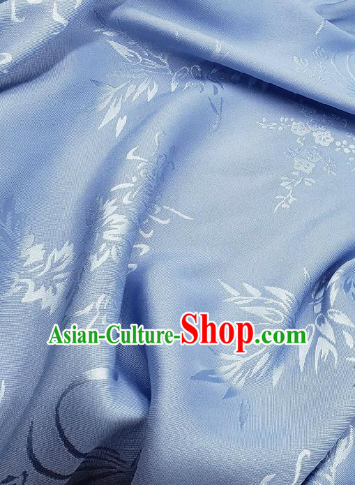 Chinese Traditional Plum Orchid Bamboo Chrysanthemum Pattern Design Blue Satin Fabric Traditional Asian Hanfu Dress Cloth Tapestry Jacquard Silk Material