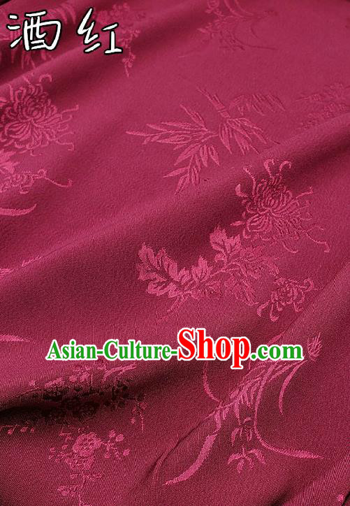 Chinese Traditional Plum Orchid Bamboo Chrysanthemum Pattern Design Wine Red Satin Fabric Traditional Asian Hanfu Dress Cloth Tapestry Jacquard Silk Material