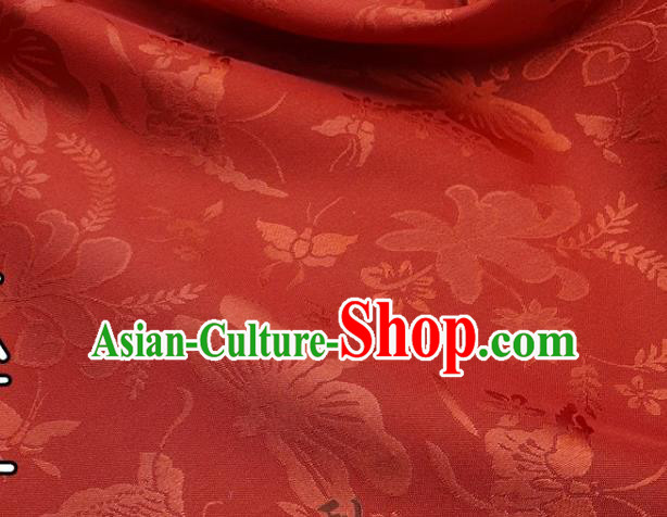 Chinese Hanfu Dress Traditional Butterfly Dragonfly Pattern Design Carmine Satin Fabric Silk Material Traditional Asian Cloth Tapestry