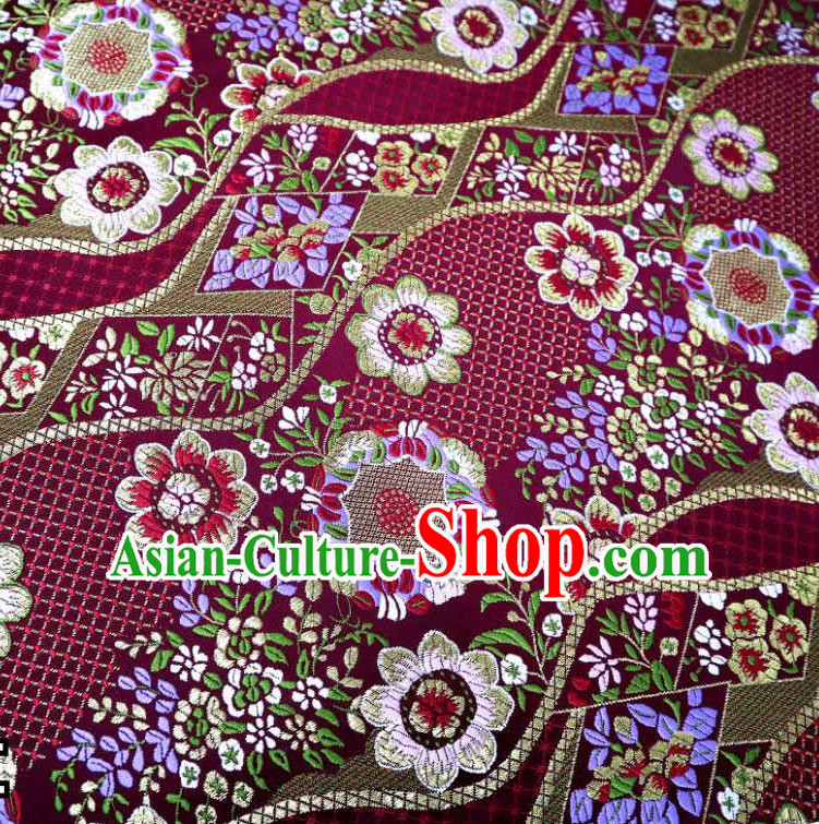 Japanese Traditional Wine Red Brocade Cloth Kimono Belt Classical Flowers Pattern Tapestry Satin Material Asian Top Quality Nishijin Fabric