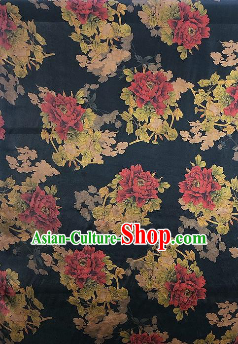 Chinese Classical Peony Pattern Black Watered Gauze Asian Top Quality Silk Material Hanfu Dress Brocade Cheongsam Cloth Fabric