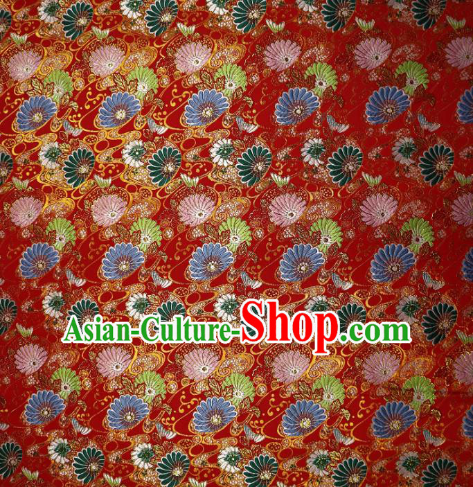 Japanese Traditional Daisy Pattern Red Brocade Cloth Kimono Belt Tapestry Satin Fabric Asian Top Quality Nishijin Material