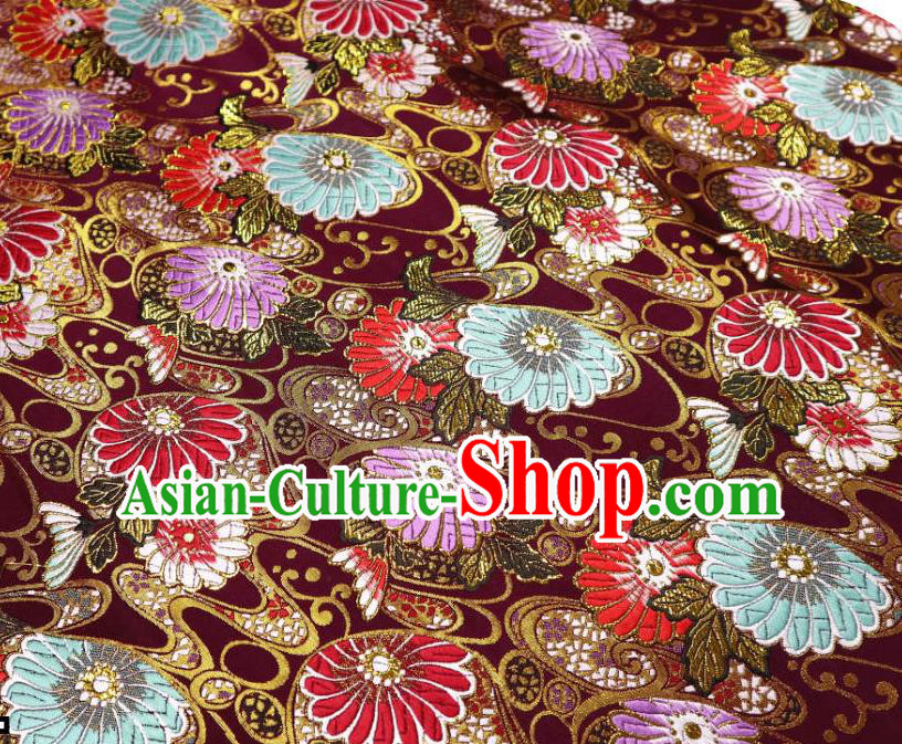 Japanese Traditional Daisy Pattern Amaranth Brocade Cloth Kimono Belt Tapestry Satin Fabric Asian Top Quality Nishijin Material