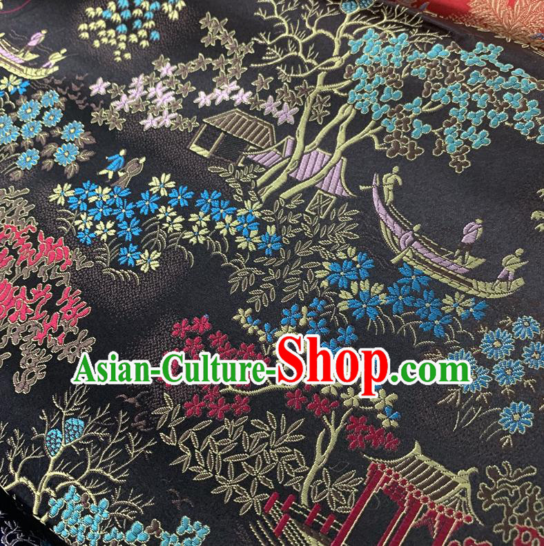 Chinese Cheongsam Classical Scenery Pattern Design Black Song Brocade Fabric Asian Traditional Tapestry Satin Material DIY Court Cloth Damask