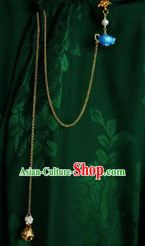 Chinese Classical Cheongsam Blueing Flagon Brooch Traditional Hanfu Accessories Handmade Breastpin Golden Bell Tassel Pendant for Women