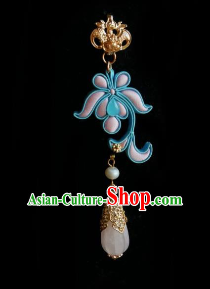 Chinese Classical Cheongsam Rose Quartz Brooch Traditional Hanfu Accessories Handmade Breastpin Silk Iris Tassel Pendant for Women