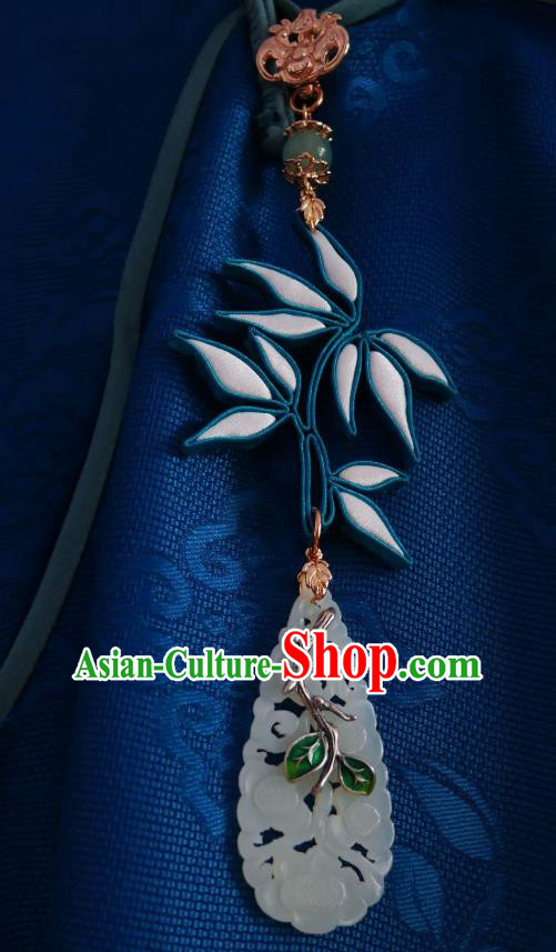 Chinese Classical Cheongsam White Silk Bamboo Leaf Brooch Traditional Hanfu Accessories Handmade Jade Breastpin Pendant for Women