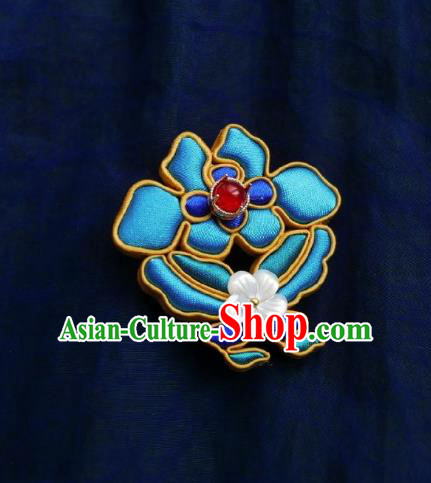 Chinese Classical Cheongsam Blue Silk Flower Butterfly Brooch Traditional Hanfu Accessories Handmade Breastpin for Women