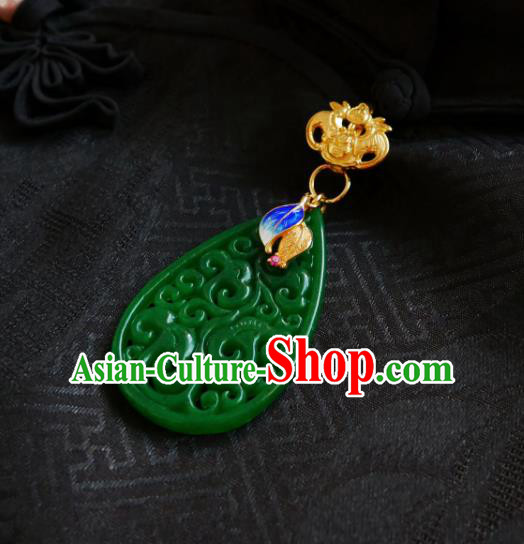 Chinese Classical Cheongsam Jade Brooch Traditional Hanfu Accessories Handmade Bat Cloisonne Leaf Breastpin Pendant for Women