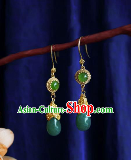 Chinese Handmade Green Stone Earrings Traditional Hanfu Ear Jewelry Accessories Ancient Princess Eardrop for Women