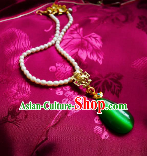 Chinese Handmade Pearls Necklace Traditional Hanfu Jewelry Accessories Green Opal Necklet for Women