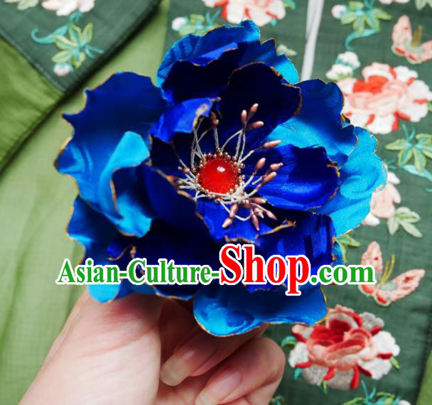 Handmade Chinese Royalblue Silk Peony Hairpins Traditional Hanfu Hair Accessories Ancient Song Dynasty Court Hair Clip for Women
