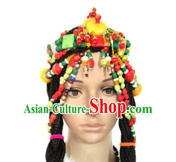 Chinese Traditional Tibetan Nationality Colorful Beads Hair Clasp Decoration Handmade Zang Ethnic Stage Show Headdress Tassel Hair Accessories for Women