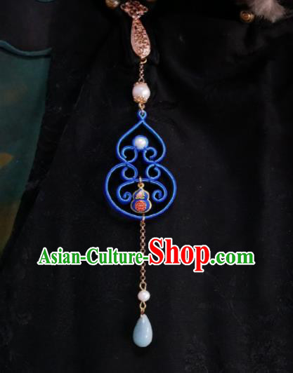 Chinese Classical Cheongsam Blue Silk Cucurbit Brooch Traditional Hanfu Accessories Handmade Aventurine Tassel Breastpin Pendant for Women