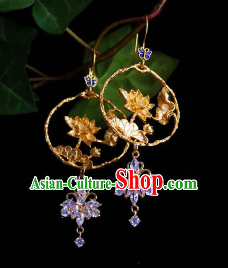 Chinese Handmade Amethyst Earrings Traditional Hanfu Ear Jewelry Accessories Golden Lotus Eardrop for Women