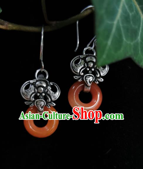 Chinese Handmade Qing Dynasty Red Jade Ring Ring Earrings Traditional Hanfu Ear Jewelry Accessories Classical Court Silver Carving Bat Eardrop for Women