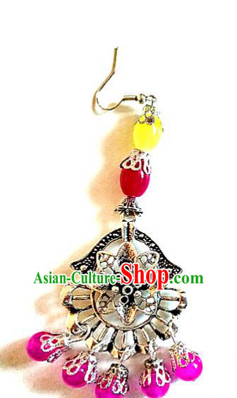 Traditional Chinese Zang Ethnic Rosy Beads Earrings Folk Dance Ear Accessories Handmade Tibetan Nationality Silver Eardrop for Women