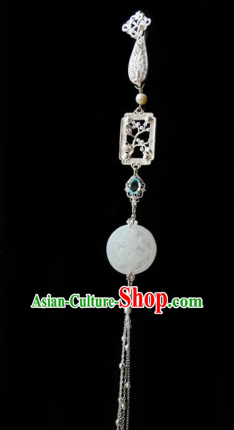 Chinese Classical Jade Carving Dragon Brooch Traditional Hanfu Cheongsam Accessories Handmade Silver Tassel Breastpin Pendant for Women