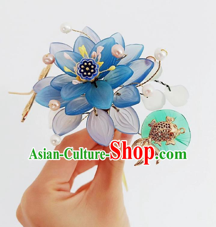 Handmade Chinese Blue Lotus Goldfish Hairpins Traditional Hanfu Hair Accessories Ancient Court Hair Clip for Women