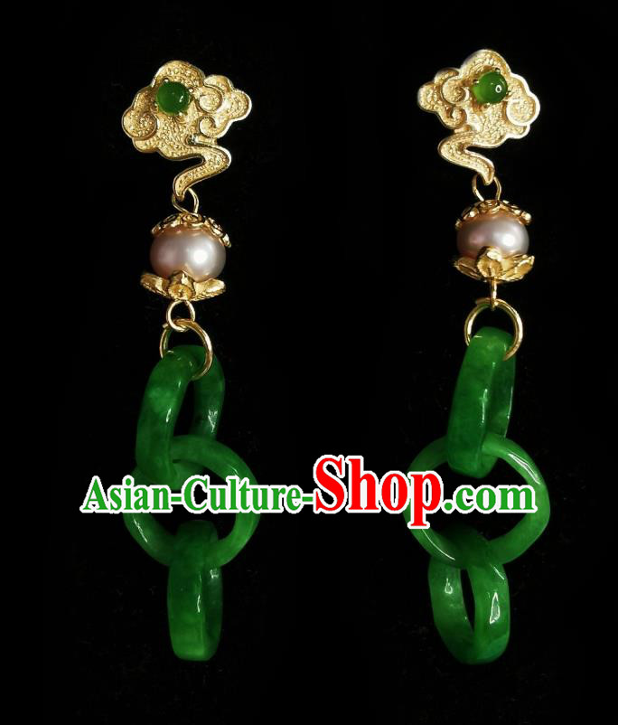 Chinese Handmade Court Golden Cloud Earrings Traditional Hanfu Ear Jewelry Accessories Classical Green Jade Rings Eardrop for Women