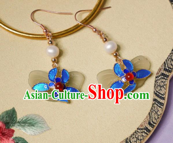 Chinese Handmade Qing Dynasty Blueing Earrings Traditional Hanfu Ear Jewelry Accessories Classical Court Jade Butterfly Eardrop for Women