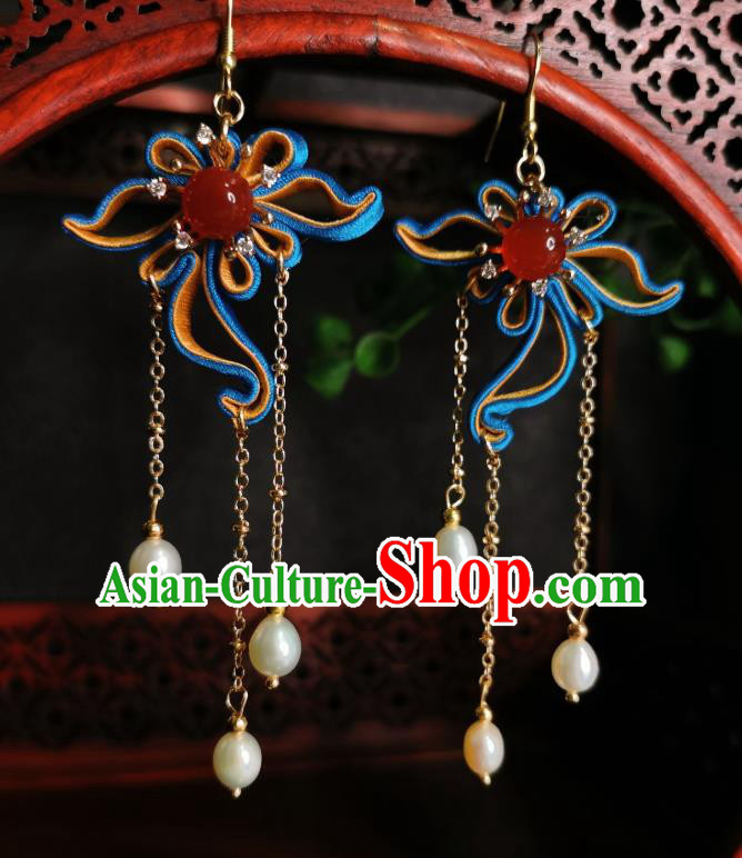 Chinese Handmade Silk Flower Tassel Earrings Traditional Hanfu Ear Jewelry Accessories Classical Agate Eardrop for Women
