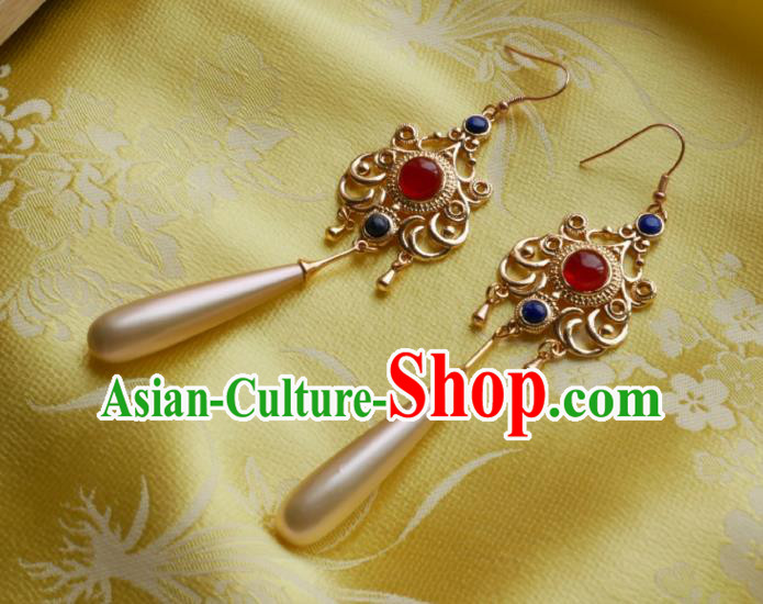 Chinese Handmade Court Golden Earrings Traditional Hanfu Ear Jewelry Accessories Classical Agate Pearls Eardrop for Women