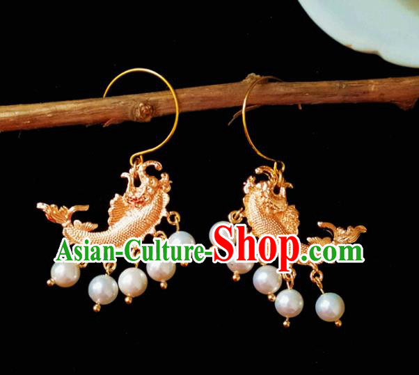 Chinese Handmade Court Golden Carp Earrings Traditional Hanfu Ear Jewelry Accessories Classical Qing Dynasty Tassel Eardrop for Women
