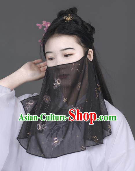 Chinese Traditional Ancient Female Swordsman Black Chiffon Printing Face Veil Hanfu Dance Mask Headwear for Women
