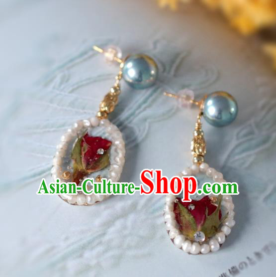 Princess Handmade Pearls Earrings Fashion Jewelry Accessories Classical Red Preserved Flower Eardrop for Women