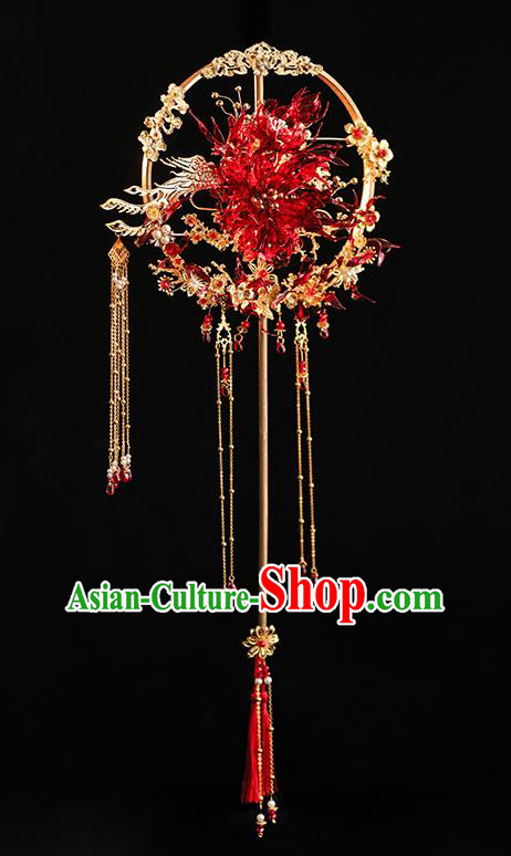 Top Grade Chinese Classical Wedding Red Spider Lily Fan Accessories Handmade Ancient Bride Golden Tassel Round Fans for Women