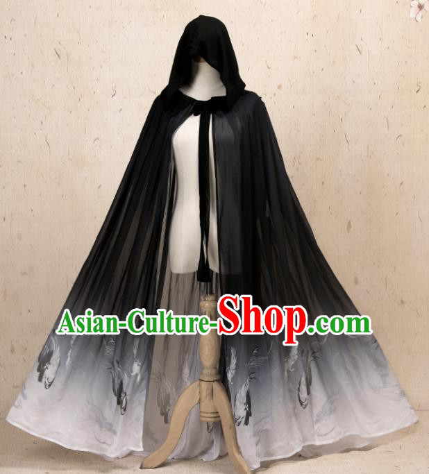 Traditional Chinese Hanfu Black Chiffon Cloak Ancient Costume Cape with Cap for Women