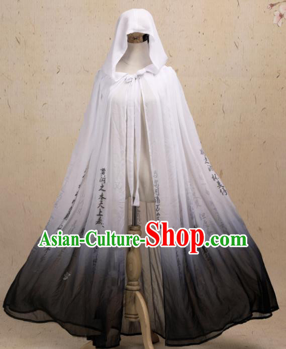 Traditional Chinese Hanfu Ink Painting Cloak Ancient Costume Gradient Cape with Cap for Women