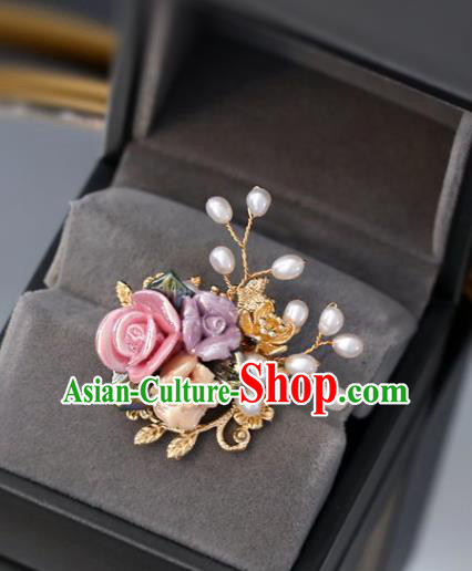 Top Grade Classical Colorful Roses Brooch Accessories Handmade Cheongsam Golden Breastpin for Women