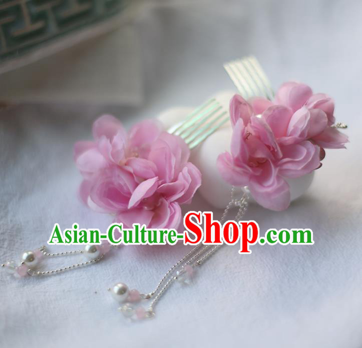 Handmade Chinese Pink Silk Flower Tassel Hair Combs Traditional Classical Hanfu Hair Accessories Ancient Princess Hairpins for Women